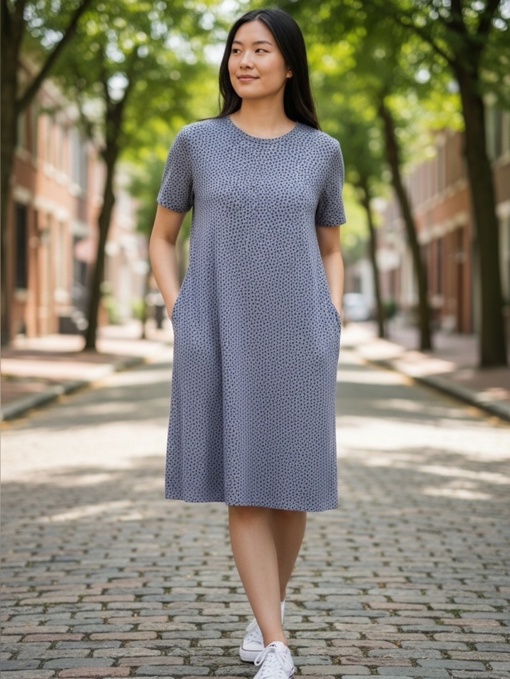Boden Grey & Blue Floral Cotton Round Neck Short Sleeve Shirt Sheath Dress 8R